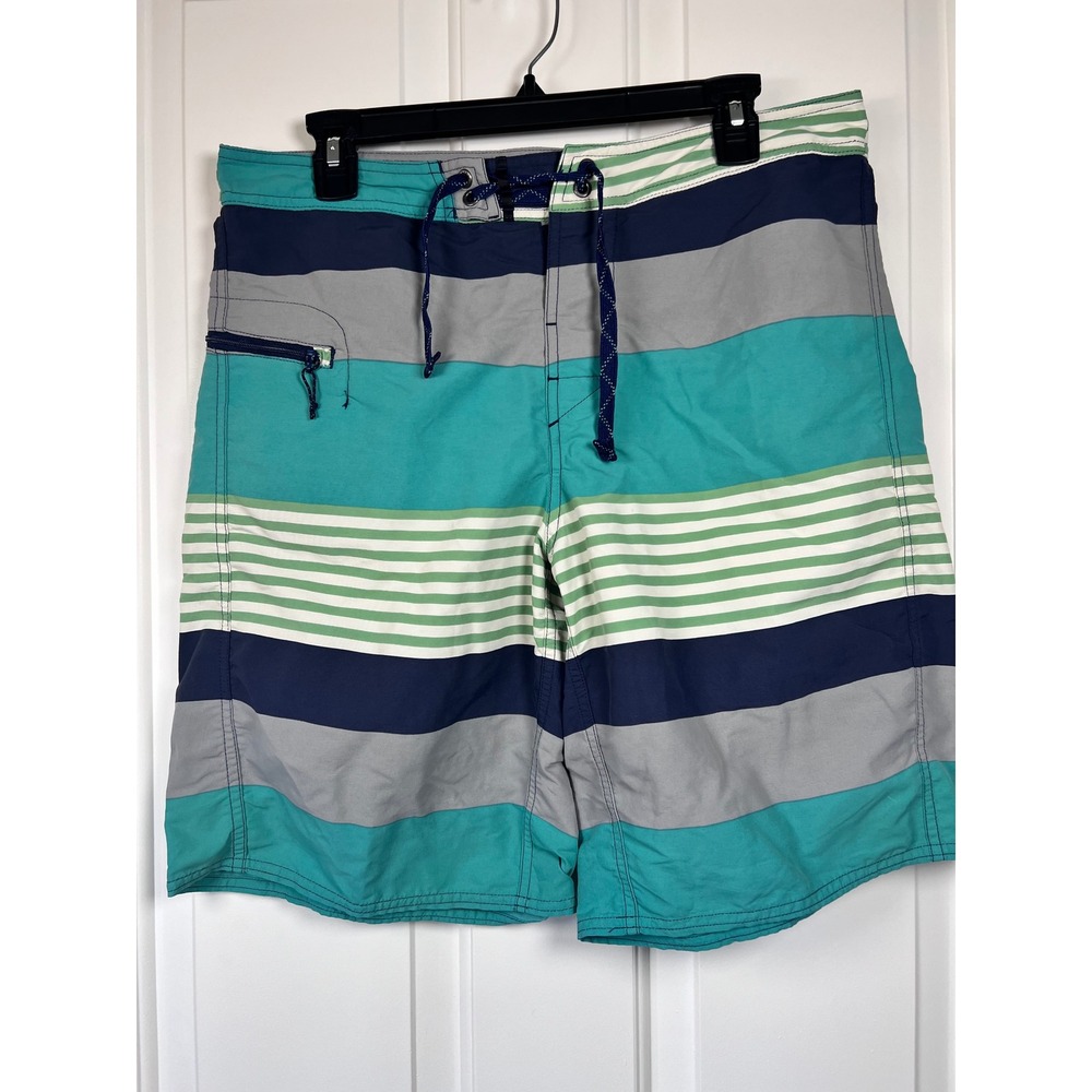 Patagonia Mens Striped Board Shorts Teal Navy Grey Swim Trunks Size 33 Inseam 9.